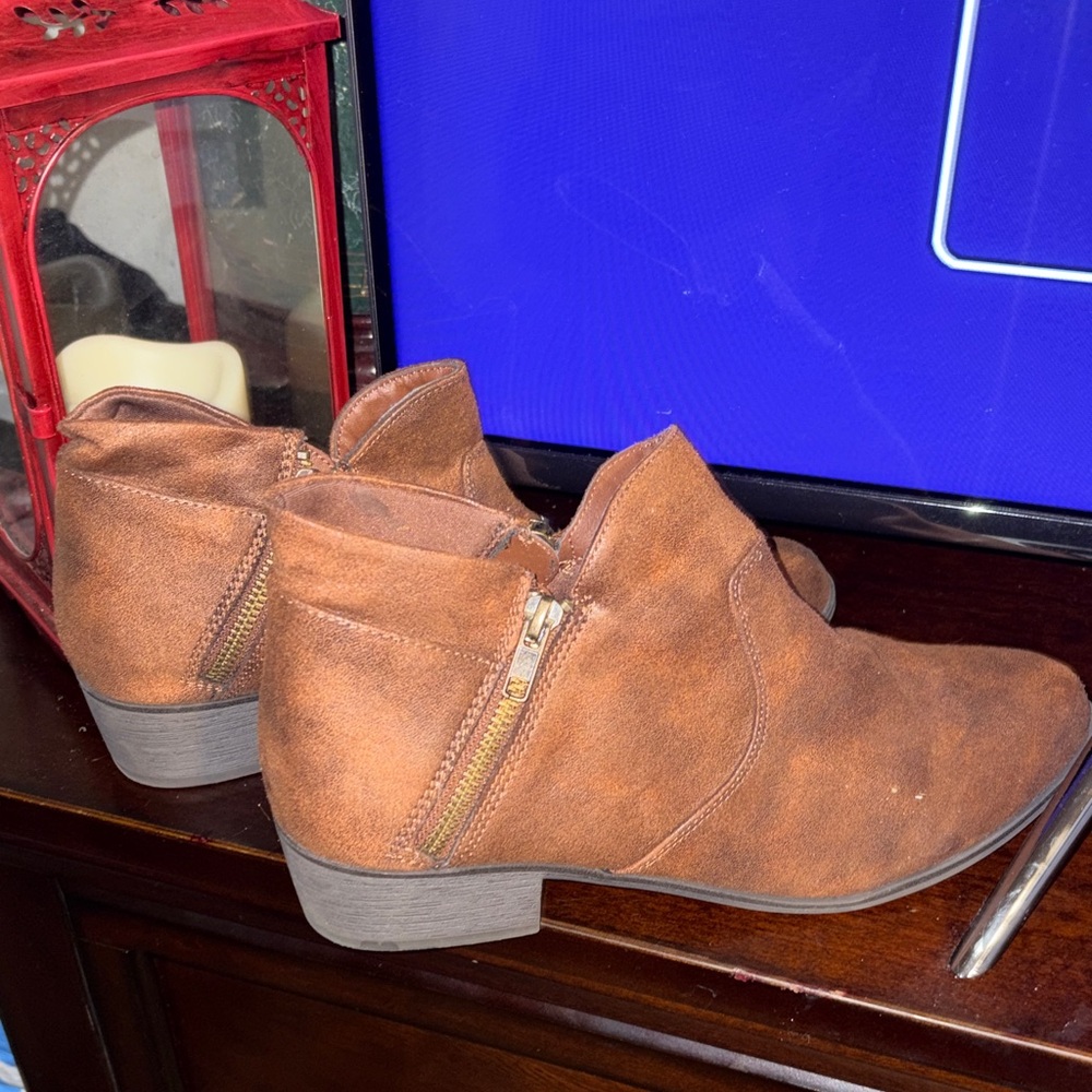 Sun + Stone Tan Suede Ankle Booties with Side Zip